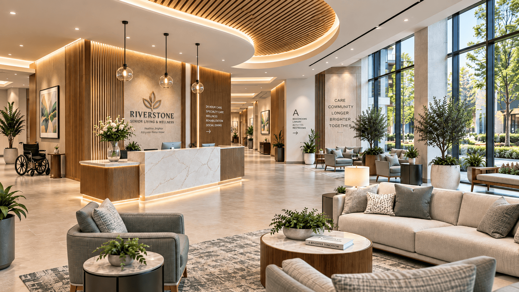 A warm, modern medical-care reception environment